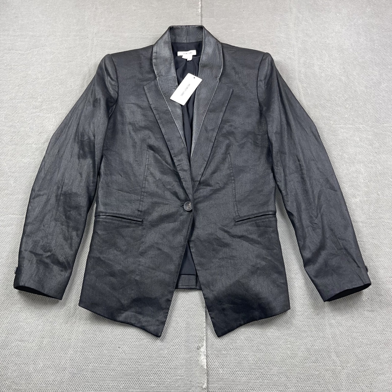 Helmut Lang Blazer Womens 0 Black Leather Trim Linen Blend Jacket Sw-Jk520 New